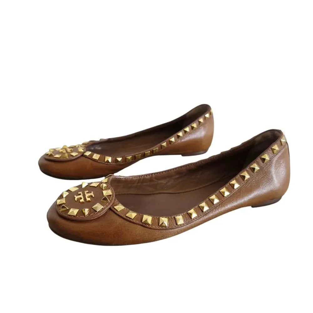 Tory Burch Royal Tan  & Gold Studded Leather Dale Ballet Flats Size Size 7.5M